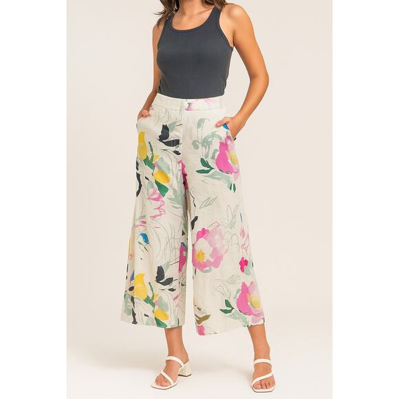 Anthropologie Maeve Wide Leg Floral Pants Colorful Linen Blend Size 4 - Picture 1 of 9